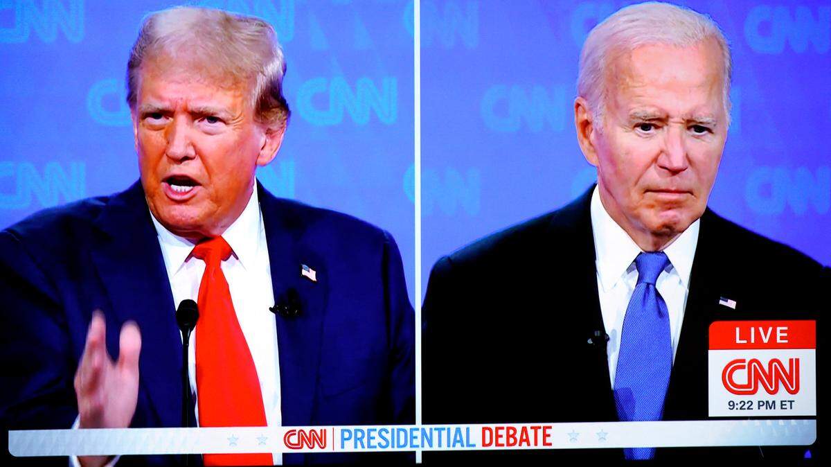 The first 2024 presidential debate is seen on TV between US President Joe Biden and Republican presidential candidate and former President Donald Trump hosted by CNN in Atlanta on June 27, 2024. Photo by Yuri Gripas/Abaca/Sipa USA
