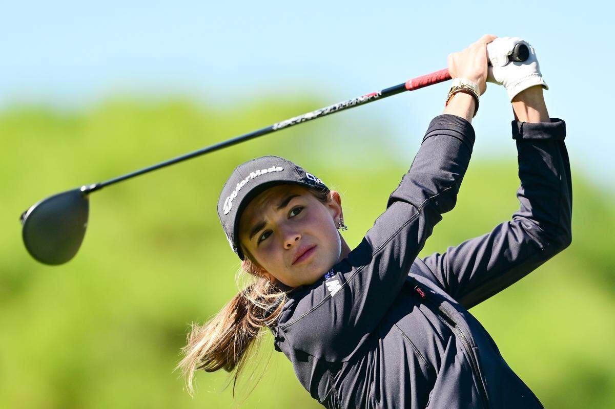 BELLEAIR, FLORIDA - NOVEMBER 12: Amateur Kai Trump of the United States plays a shot from the 16th tee prior to The ANNIKA driven by Gainbridge at Pelican 2025 at Pelican Golf Club on November 12, 2025 in Belleair, Florida. (Photo by Julio Aguilar/Getty Images)