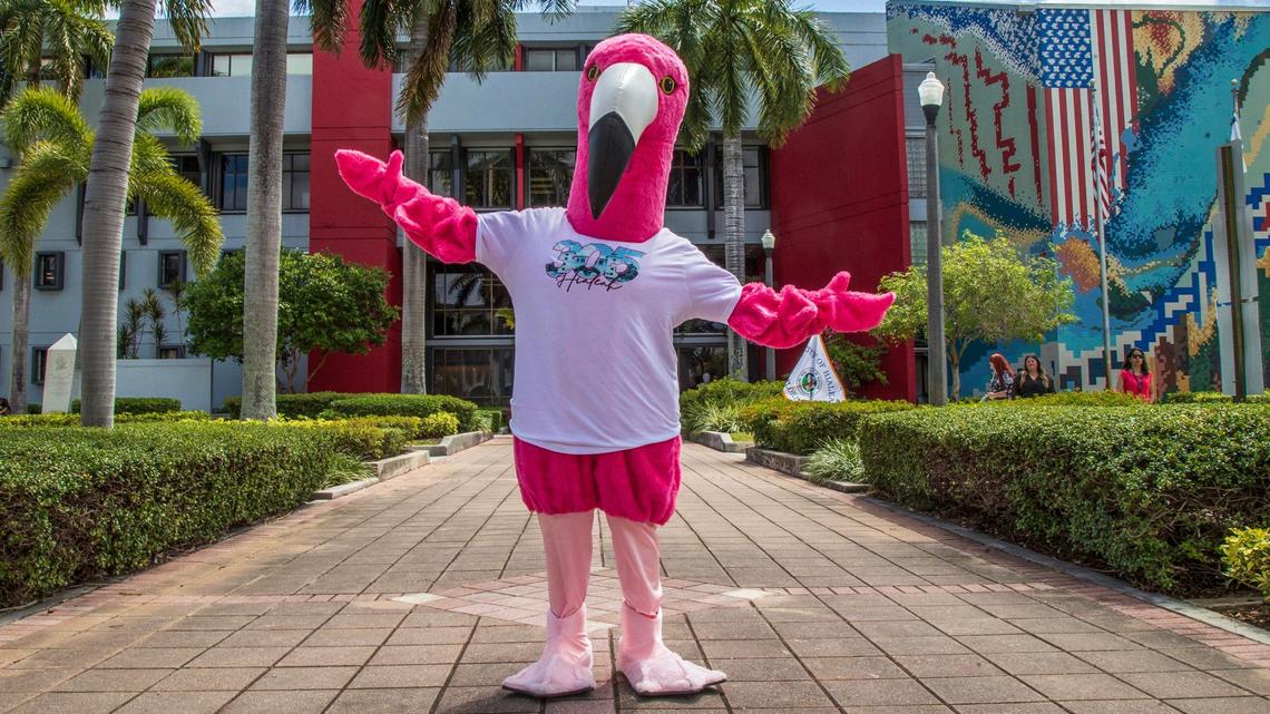 Leah the flamingo, is the official mascot of the City of Hialeah, who posed in front of City Hall, on Tuesday, April 17, 2024.