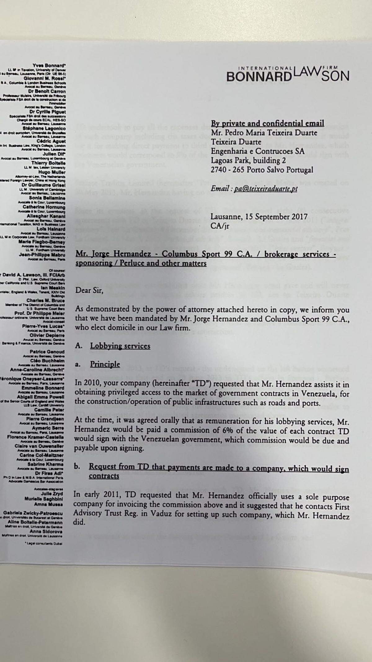 Carta enviada a Teixeira Duarte con detalles del presunto esquema de corrupción.