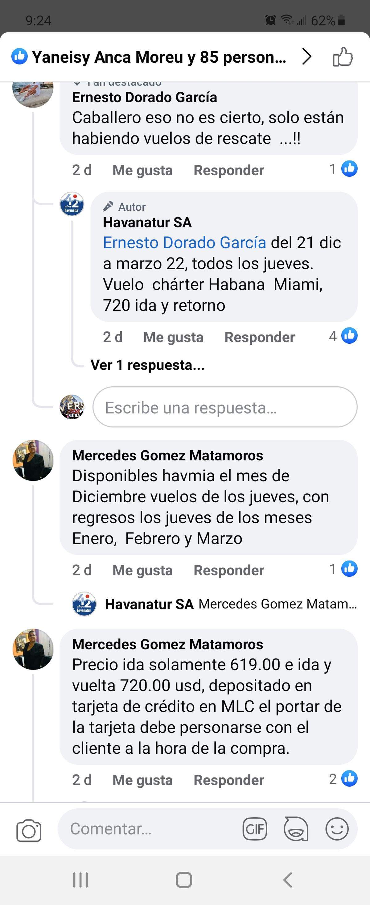 Habanatur y una de sus ejecutivas respondiendo inquietudes de usuarios de Facebook sobre los vuelos de Hab-Mia (Captura de pantalla tomada a los comentarios de la publicación de Habanatur)