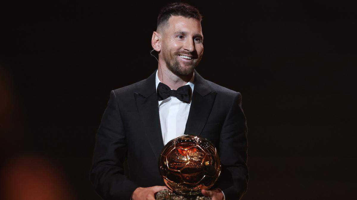 Argentine forward Lionel Messi reacts on stage with his trophy as he receives his 8th Ballon d’Or award during the 2023 Ballon d’Or France Football award ceremony at the Theatre du Chatelet in Paris, France, Oct. 30, 2023.