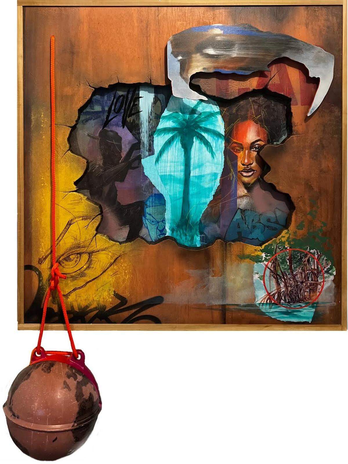 “Destrucción fragmentada” del artista Abstrk, 2023. Técnica mixta sobre madera con objetos encontrados.