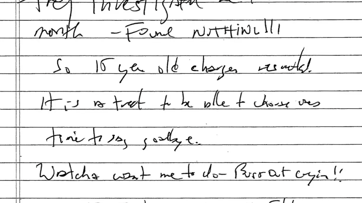 La supuesta nota de suicidio, presuntamente escrita por Jeffrey Epstein.