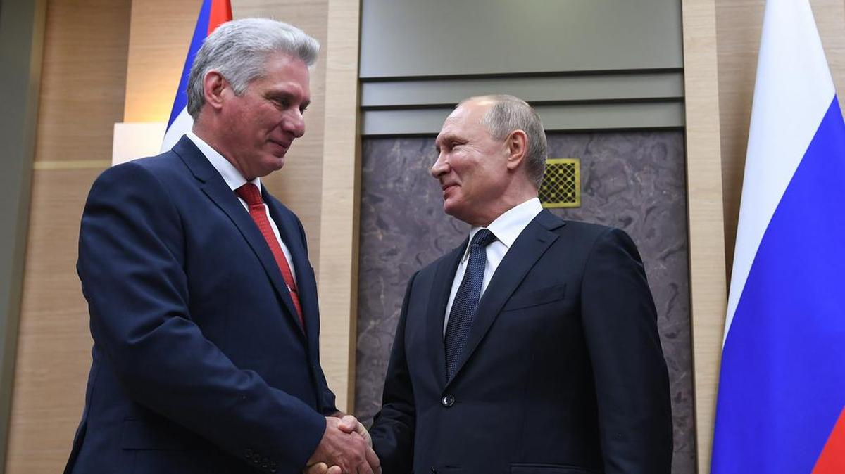 Russian President Vladimir Putin greets Cuban ruler Miguel Diaz-Canel during their meeting at the Novo-Ogaryovo state residence outside Moscow, Russia October 29, 2019.