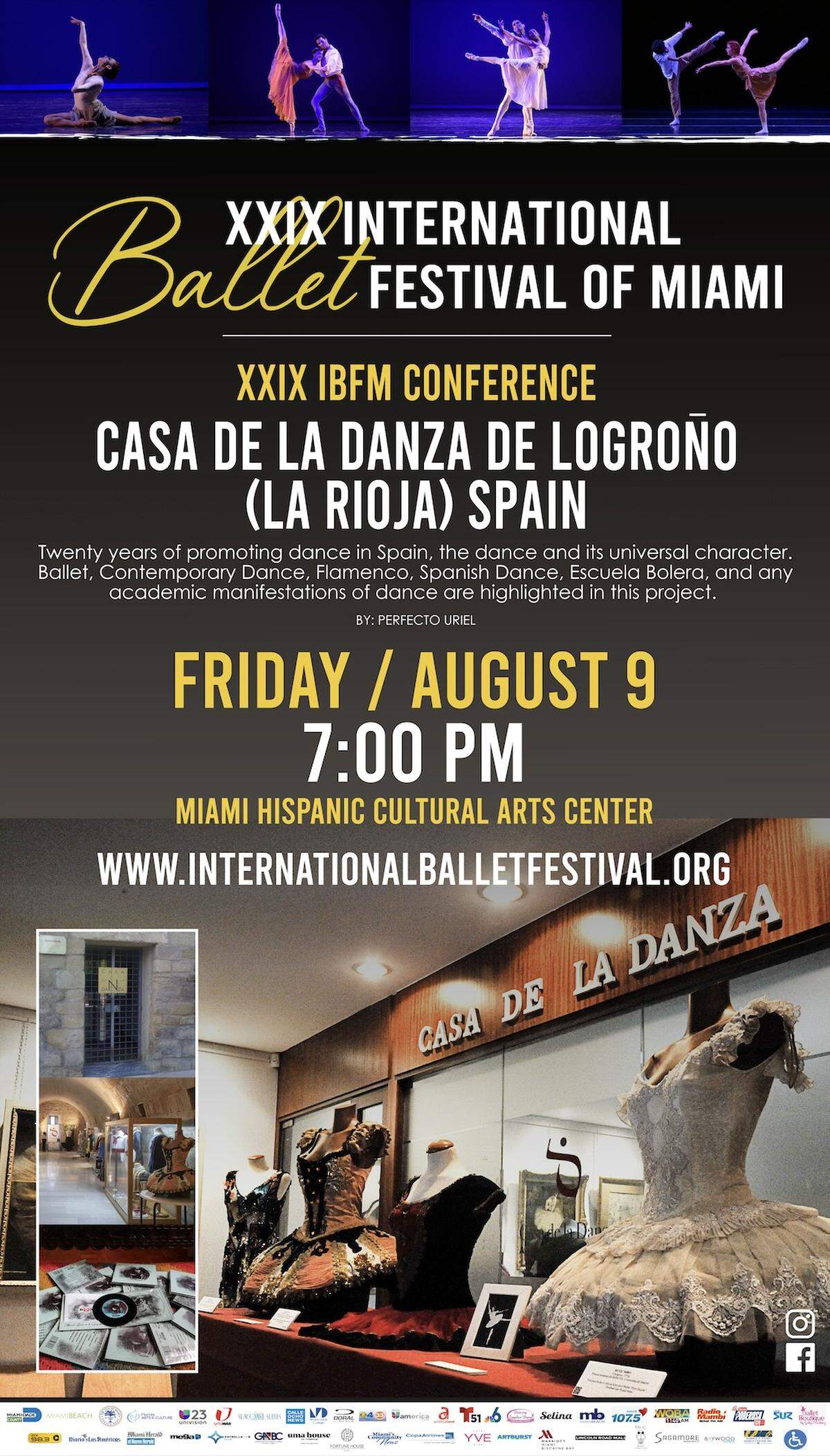 Póster promocional de la conferencia de Perfecto Uriel sobre la Casa de la Danza el viernes 9 de agosto en MHCAC.