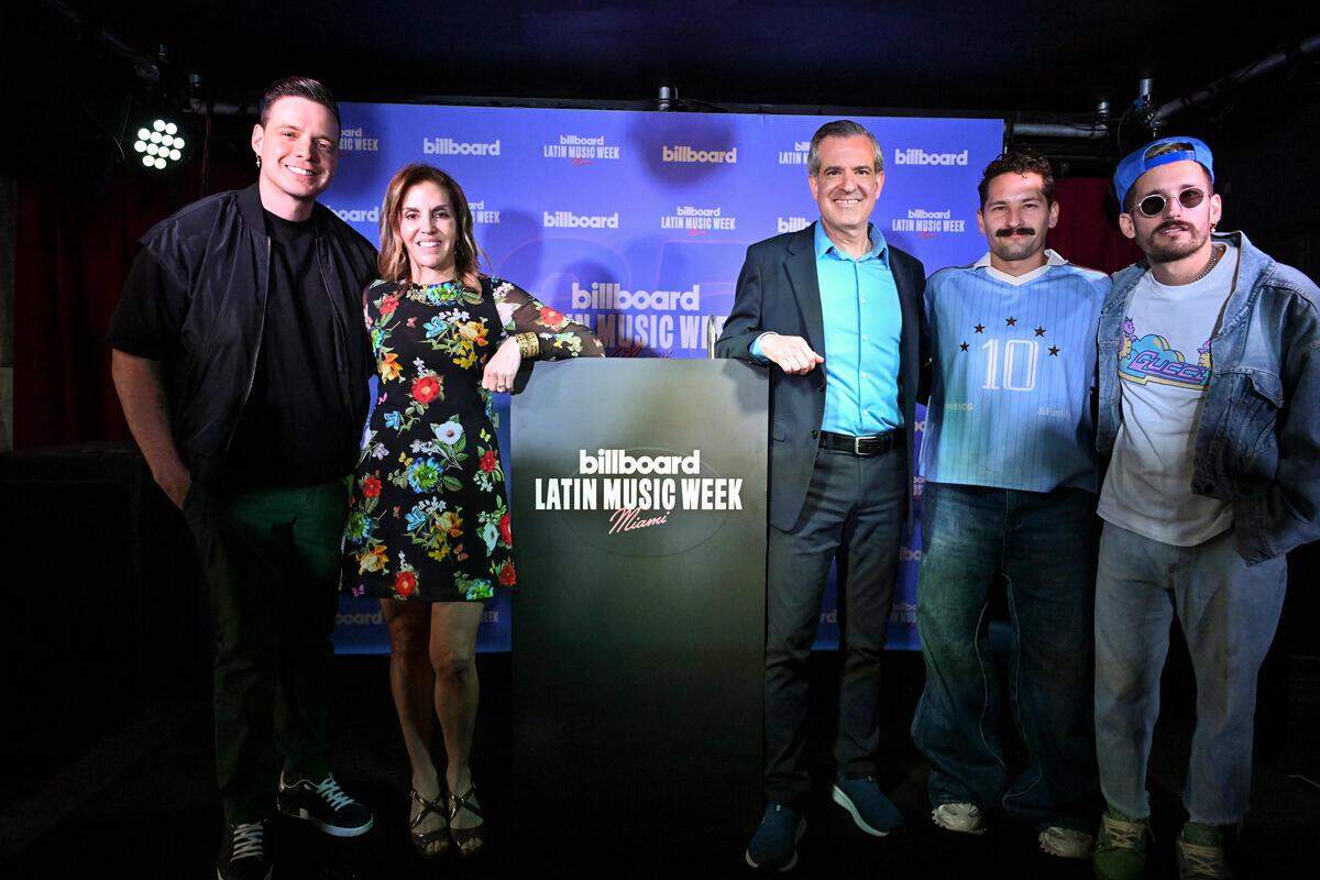 Marko, Leila Cobo, Steve Meiner, Ricky and Mau at the Billboard Latin Music Week Miami Press Conference 2024 held at The Fillmore on August 26. 2024 in Miami, Florida.