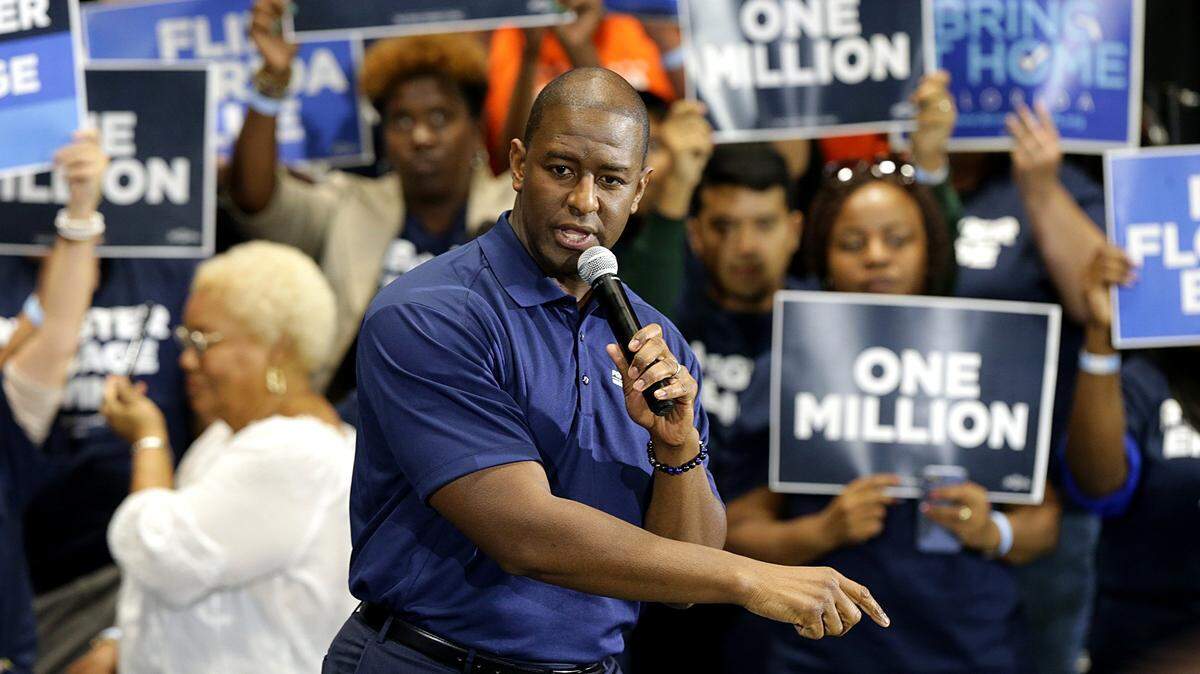 Andrew Gillum, ex alcalde de Tallahassee y ex candidato a la gobernación de Florida, lanza el grupo Forward Florida con el objetivo de inscribir nuevos votantes, en Florida Memorial University, Miami Gardens, el 20 de marzo de 2019.