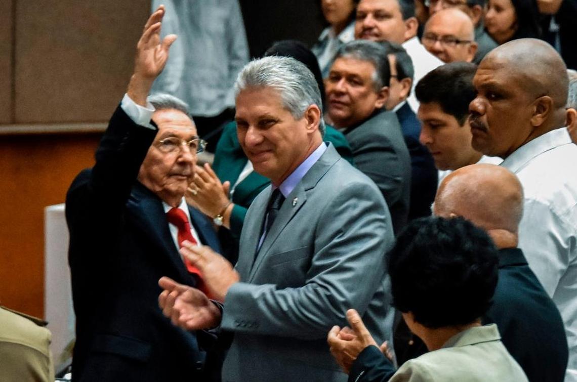 Raúl Castro is shown with Miguel Díaz-Canel on April 18, the opening day of the National Assembly session that propelled Díaz-Canel to Cuba's presidency.