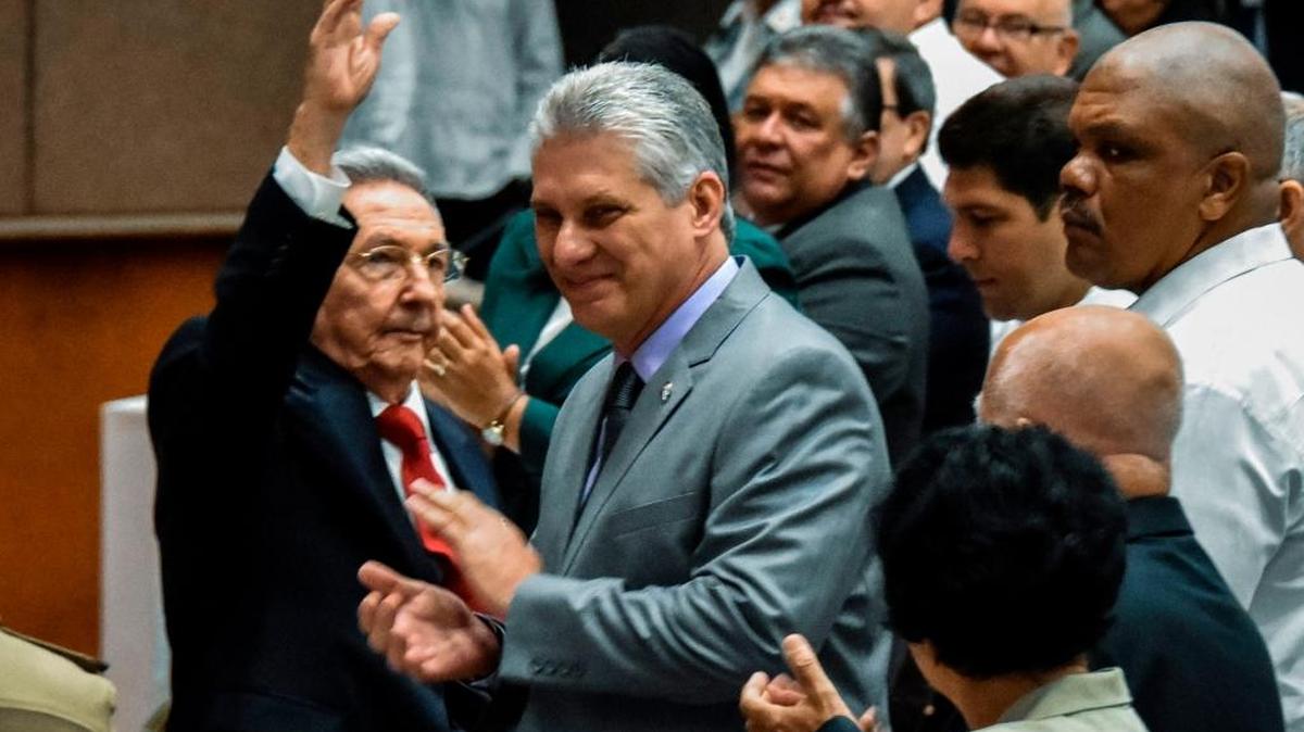 Raúl Castro is shown with Miguel Díaz-Canel on April 18, the opening day of the National Assembly session that propelled Díaz-Canel to Cuba's presidency.