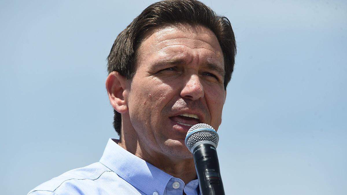 Florida Governor Ron DeSantis speaks to the crowd during the Basque Fry at the Corley Ranch in Gardnerville, Nevada, on June 17, 2023.