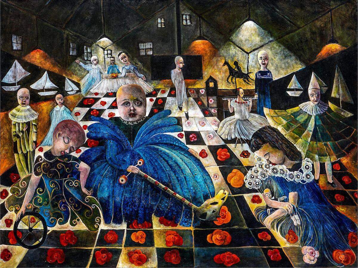 “The kindergarten- El Jardin de niños”, 1997, acrílico sobre lienzo, 32 x 42 pulgadas.