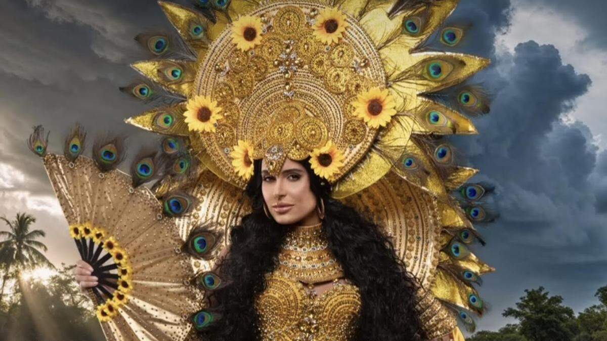 Marianela Ancheta, Miss Universe Cuba, llevó un traje amarillo dorado con una corona de girasoles inspirado en Oshún y la virgen de la Caridad del Cobre en el desfile de la noche preliminar de Miss Universo 2024, el 14 de noviembre en Ciudad de México.