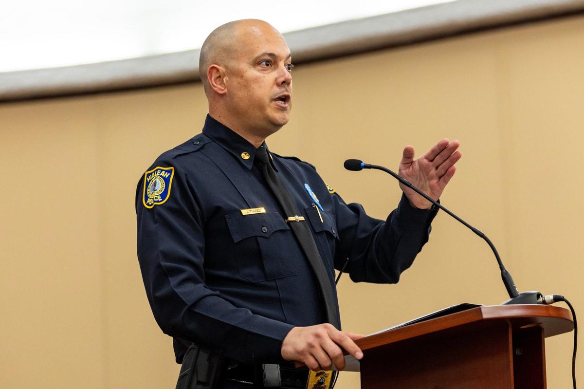 Officer Jose Torres speaks during a commission meeting at city hall in Hialeah, Florida, on Tuesday, April 23, 2024.