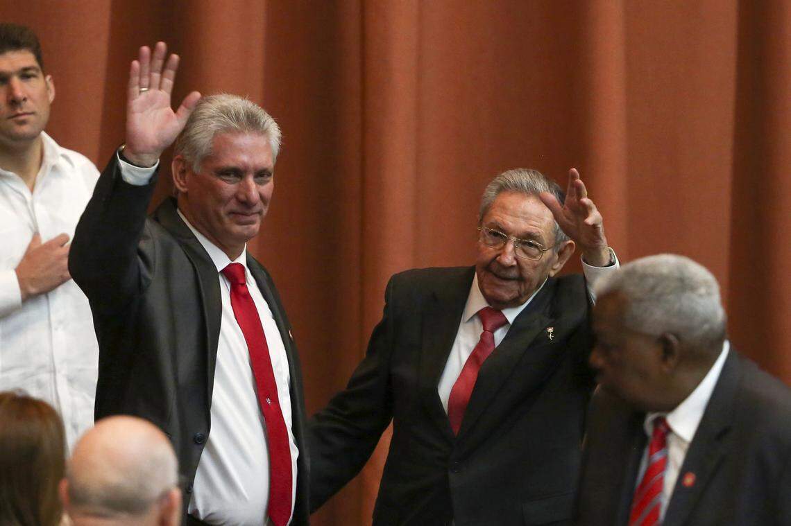 Cuba's new leader Miguel Diaz-Canel, left, and Raul Castro at Cuba's National Assembly on April 19, 2018.