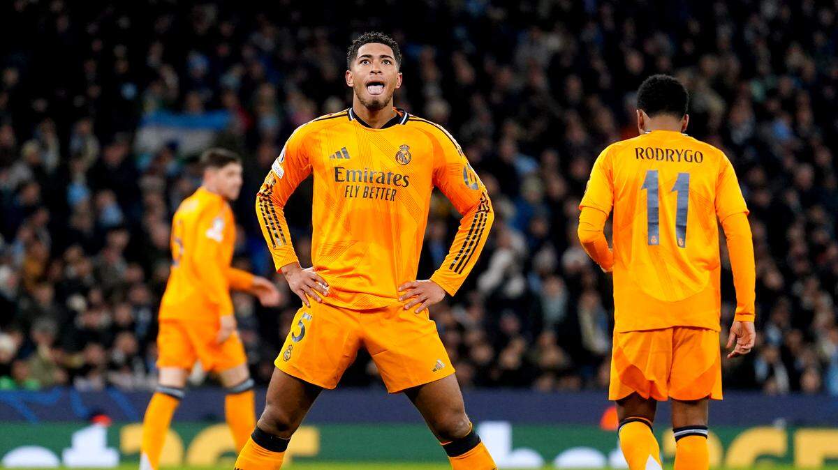 Un gol de Jude Bellingham en el tiempo añadido le dio el triunfo al Real Madrid 3-2 ante el Manchester City, en el partido de la Liga de Campeones celebrado el 11 de febrero de 2025 en el Etihad Stadium en Manchester, Inglaterra.