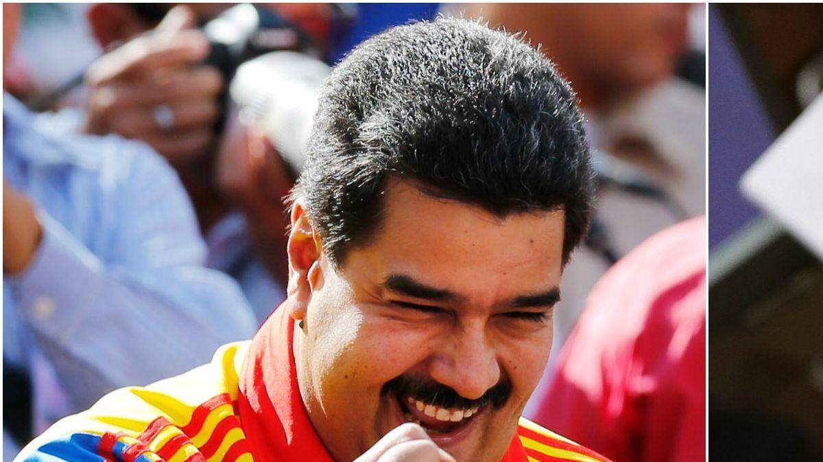 El presidente de Venezuela Nicolás Maduro (i), y  el congresista y ex presidente colombiano Álvaro Uribe Vélez. 