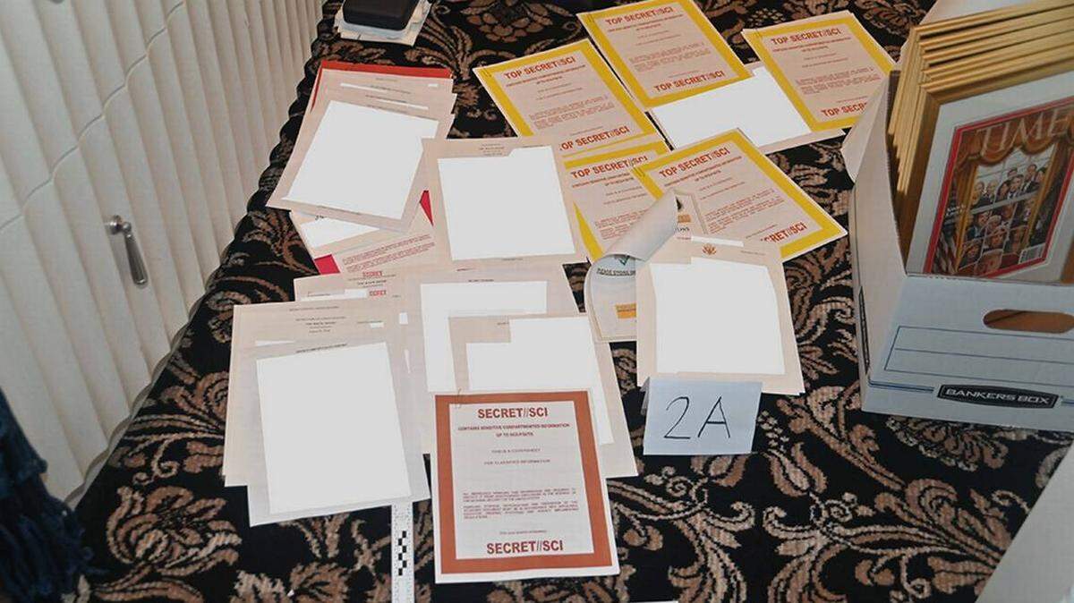 Photo from August 2022 of documents seized at then-former President Donald Trump’s Mar-a-Lago estate.