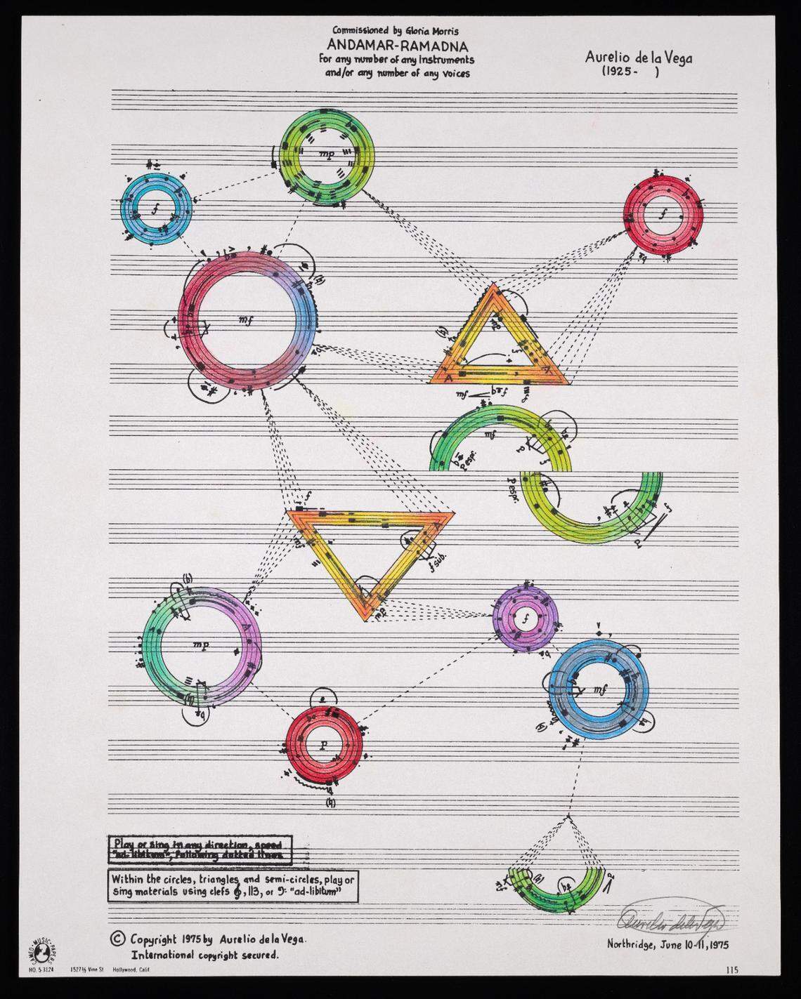 “The Magic Labyrinth”, 1974–1977 de Aurelio de la Vega. Partituras gráficas coloreadas a mano. Colección Aurelio de la Vega.