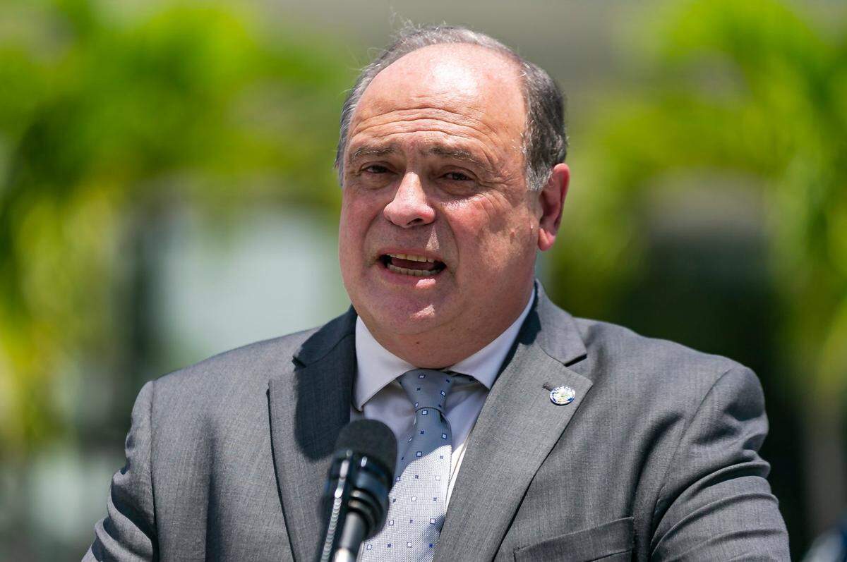 Doral Mayor Juan Carlos Bermudez speaks during a COVID-19 press conference outside of Miami City Hall in Coconut Grove, Florida on Monday, June 22, 2020. A total of 15 Miami-Dade mayors gathered to announce stricter enforcement of COVID-19 rules across the county.