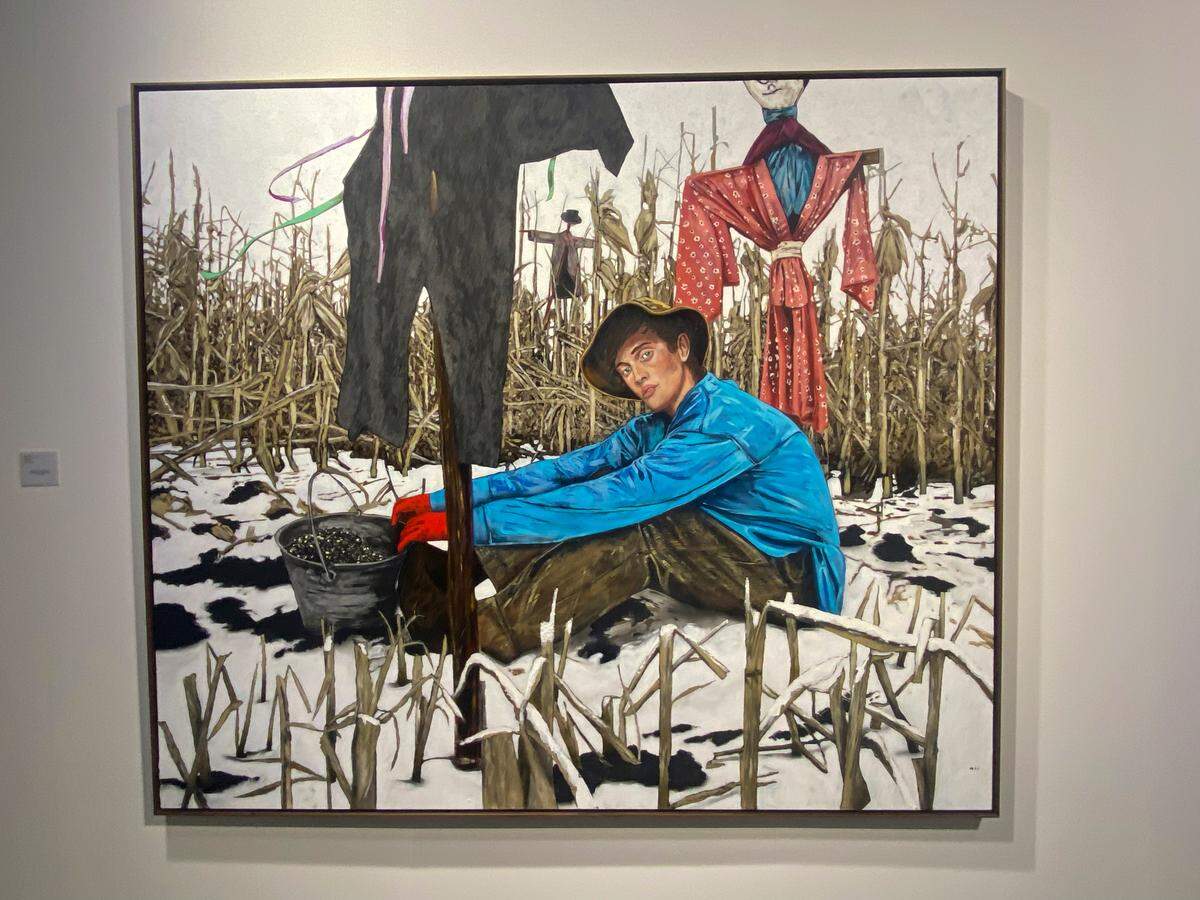 “Plotting a muder”, 2024, de Hernan Bas. Acrílico sobre lino, 72 x 84 pulgadas. Fredric Snitzer. Art Basel Miami Beach.