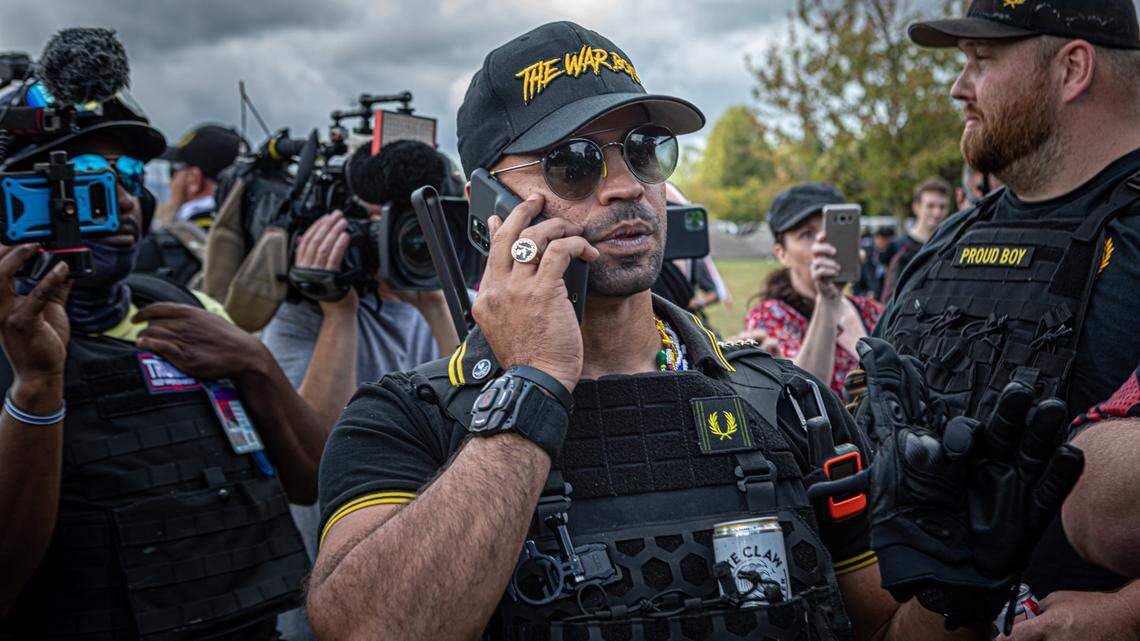 Proud Boys international chair Enrique Tarrio (seen on Sept. 26, 2020, in Portland, Oregon) was arrested Jan 4, 2021, in Washington, D.C.