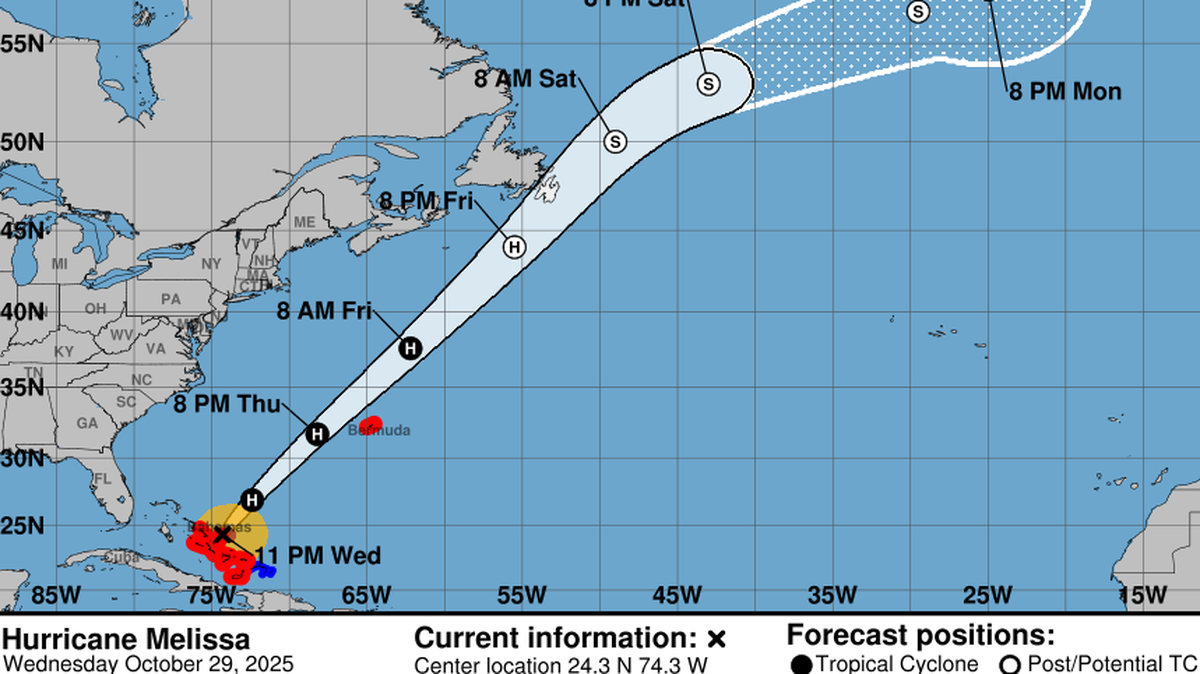 Melissa se desplaza como un huracán categoría 2 rumbo a las Bahamas el 29 de octubre de 2025.