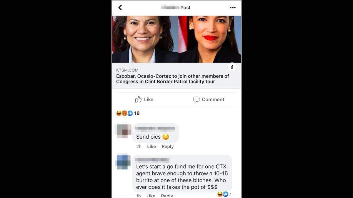 Captura de pantalla de una de las publicaciones en el grupo de Facebook: Escobar, Ocasio-Cortéz acompañarán otros miembros del Congreso en gira a las instalaciones de la Patrulla Fronteriza en Clint. -Manden fotos - Empecemos una recaudación en go fund me para el agente de CTX valiente que le aviente un burrito de 10-15 a una de estas perras. El que lo haga se gana el $$$ de la recaudación.