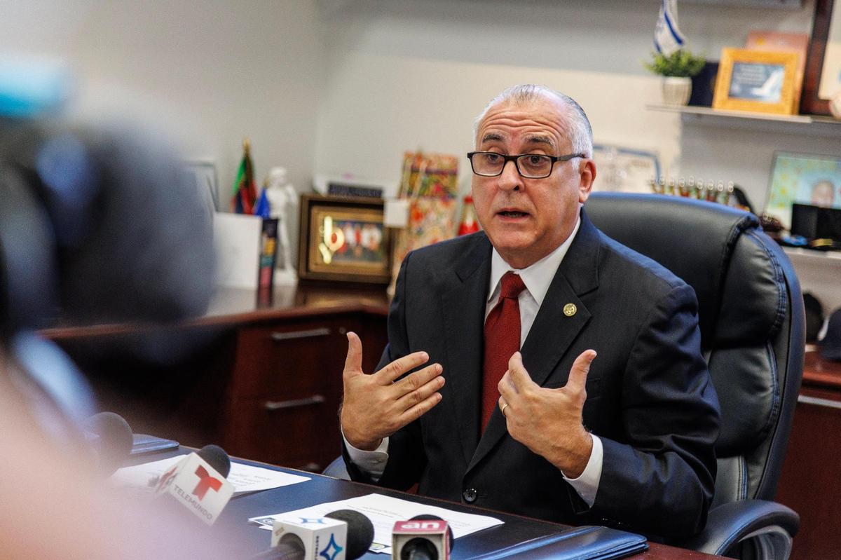 City of Hialeah Mayor Esteban Bovo, Jr. speaks about the 911 emergency department during a press conference at City Hall. The politician recognizes that the unit is below the call response standard. Thursday August 10, 2023.