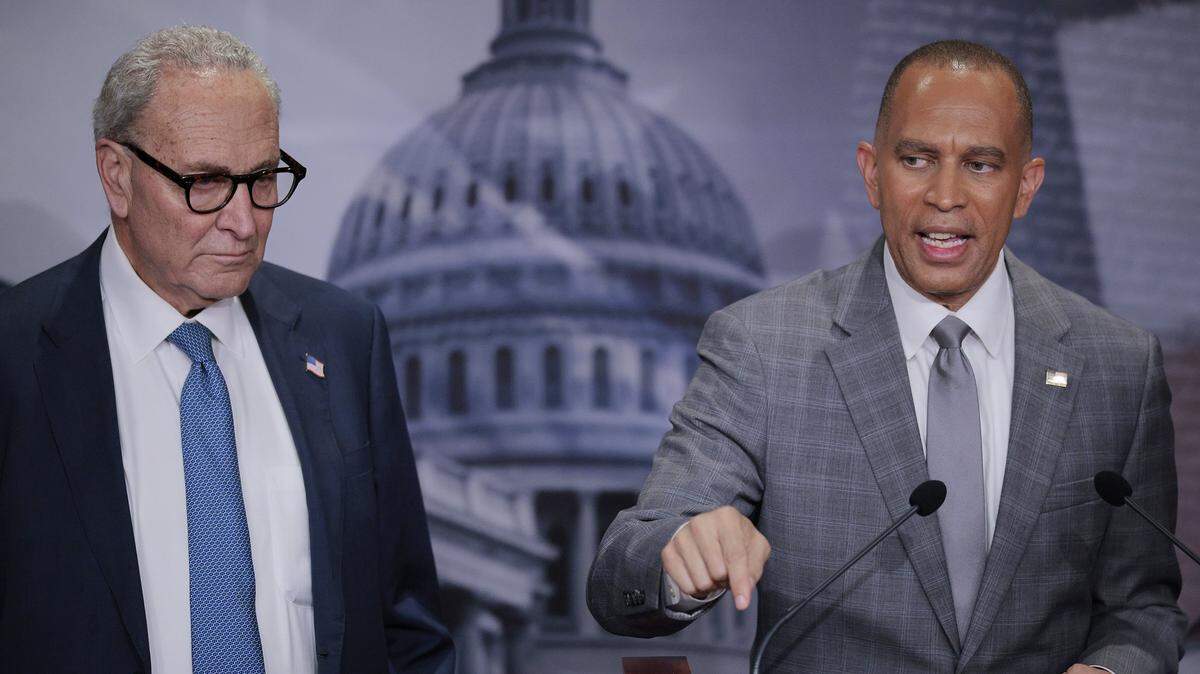 Senate Minority Leader Charles Schumer, D-New York, and House Minority Leader Hakeem Jeffries, D-New York, speak with reporters at the U.S. Capitol on September 29, 2025, in Washington, D.C..