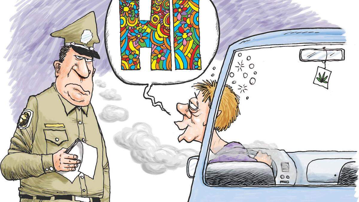 300 dpi Gary Markstein color illustration of drunk driver leaning out of car to greet police officer with a flowery “HI.” Milwaukee Journal-Sentinel 2007<p> dwi high illustration traffic cop stop dui driving while intoxicated impaired under influence pot marijuana sixties drunk drugs high driver policeman krtlaw law, krtnational national, krtauto auto automobile car, u.s. us united states, krt, mctillustration, aspecto aspectos manejar coche automovil policia drogas estupefaciente embriaguez marihuana illustration ilustracion grabado, carro mw contributor coddington markstein mct mct2007, 2007, krt2007