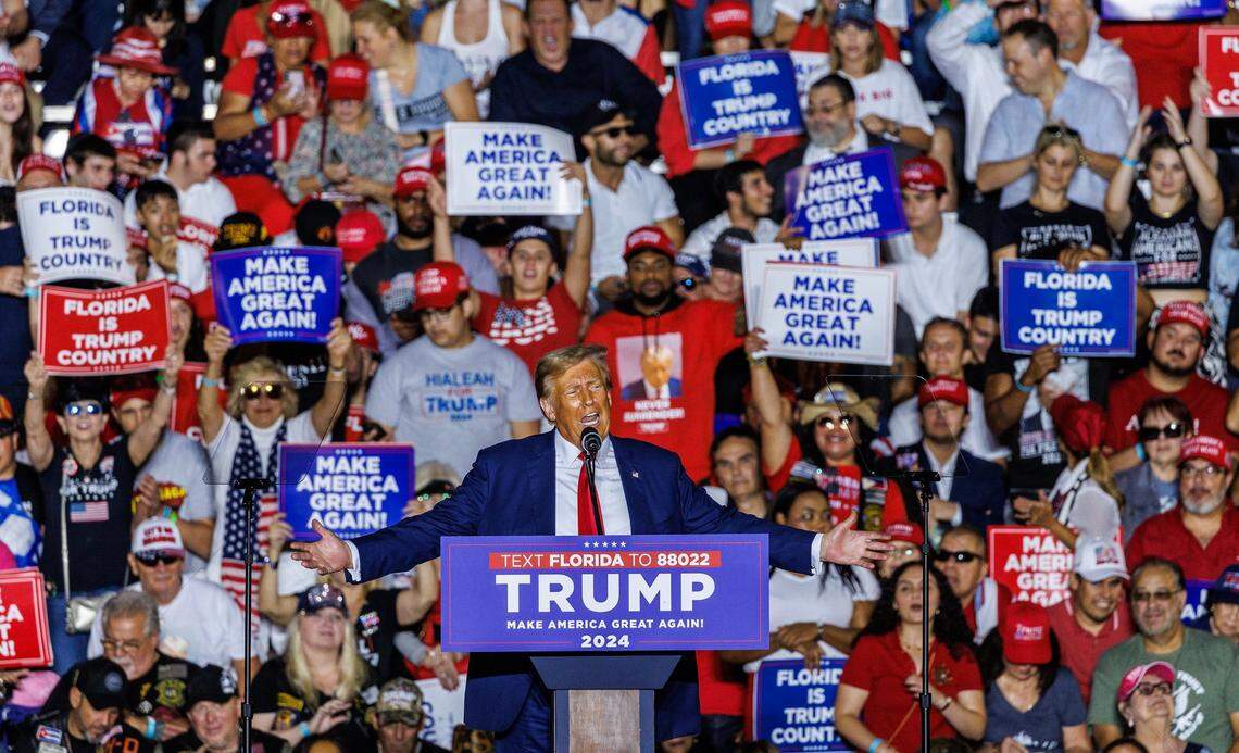 Two days after his Hialeah rally, pictured here, a pumped ex-president Donald Trump railed against his political opponents calling them “vermin” and evoking Hitler and Nazi Germany in New Hampshire on Veteran’s Day.&nbsp;
