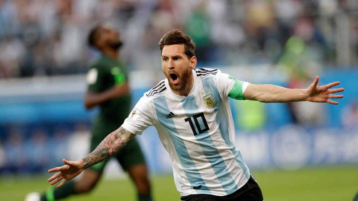 Argentina superstar Lionel Messi celebrates a goal during a 2-1 win over Nigeria at the 2018 World Cup. He hopes to add a World Cup trophy to his resume in Quatar this winter. 