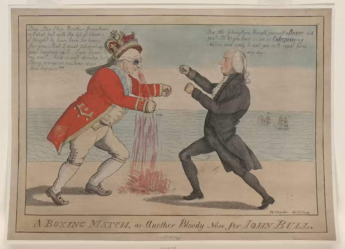 Aguafuerte coloreado a mano de Charles Williams, en el que se ironiza sobre una derrota naval británica durante la Guerra de 1812. 