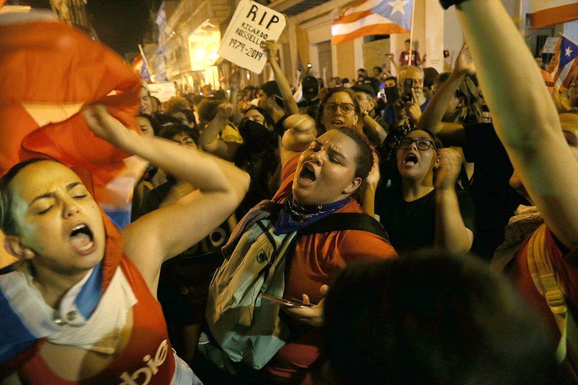 Hundreds of protesters call for the resignation of then-governor Ricardo Rosselló on Tuesday, July 23, 2019 in San Juan, Puerto Rico.