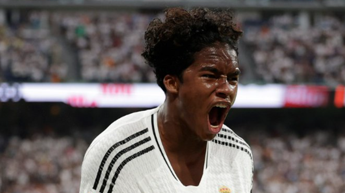 El joven brasileño de 18 años, Endrick,  celebra tras anotar un gol con el Real Madrid ante el Valladolid, en el partido celebrado el 25 de agosto de 2024 en el estadio Santiago Bernabéu.