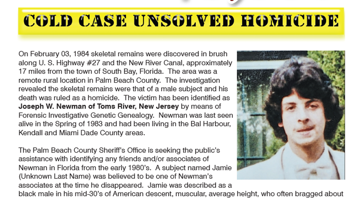 La policía del Condado Palm Beach busca al asesino de un hombre identificado con ayuda de la genealogía genética de investigación forense avanzada.