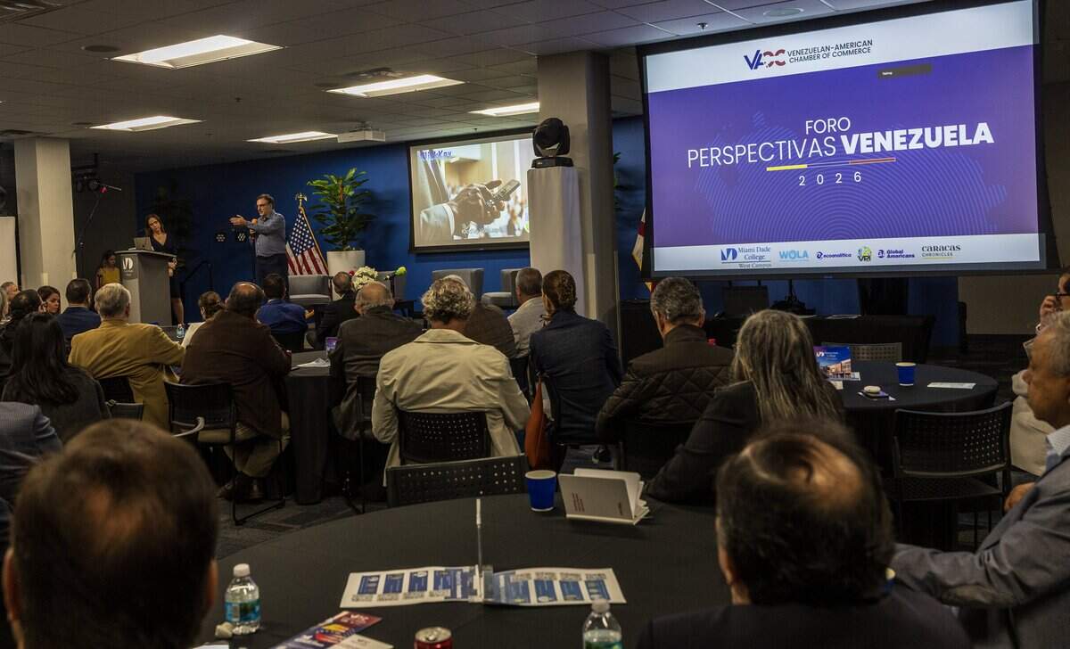 Eugenio Herrero, CEO & Founder of Klickey, a networking company speaks during the “Foro Perspectivas Venezuela 2026” organized by the Venezuelan-American Chamber of Commerce (VACC), to bring together political leaders, experts in energy, economics, security, legal risk and freedom of expression, with a clear objective: to understand the new Venezuelan scenario, after the removal of Nicolas Maduro, from Caracas last January during an operation by the United States; special forces. The event took place at Miami Dade College Campus in Doral, on Tuesday Feb 10, 2026