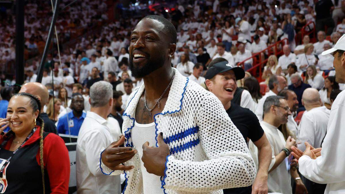 Ex Miami Heat player Dwyane Wade attends Game 3 Of the NBA Finals June 7, 2023 at the Kaseya Center