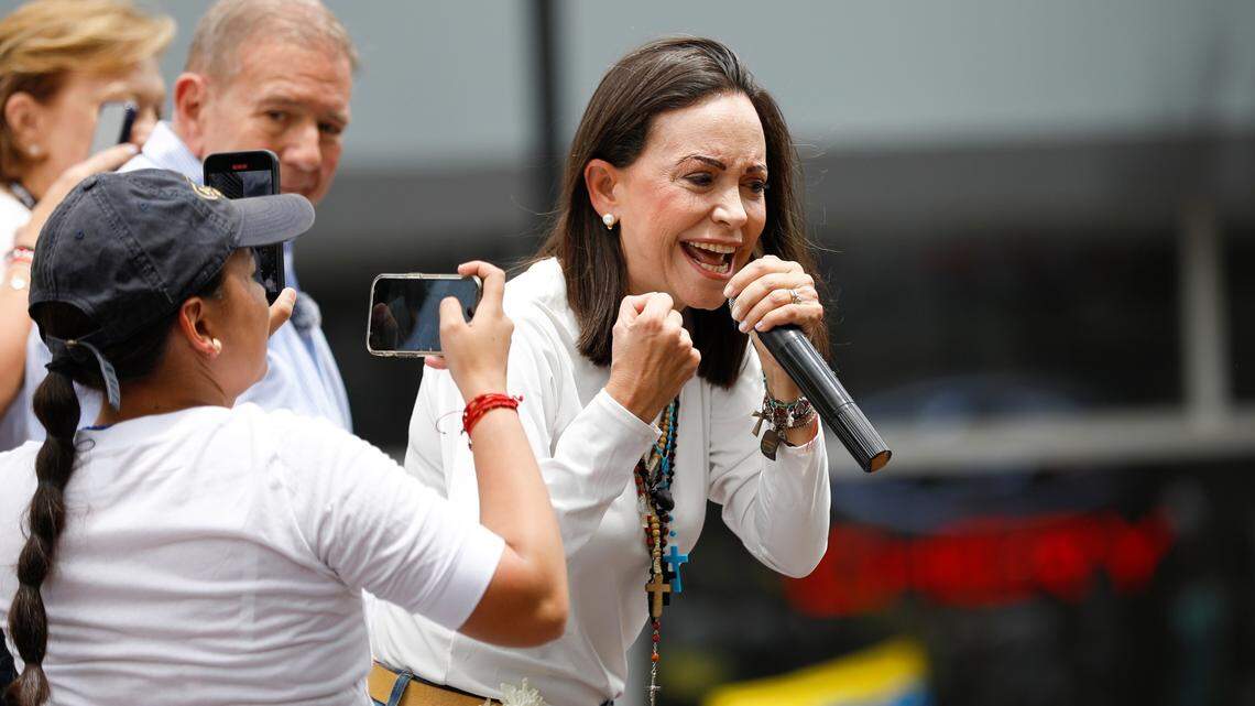 Venezuelan opposition leader Maria Corina Machado speaks at a rally to protest the regime’s announcement that ruling Nicolas Maduro had won the presidential election, Tuesday, July 30, 2024, in Caracas.