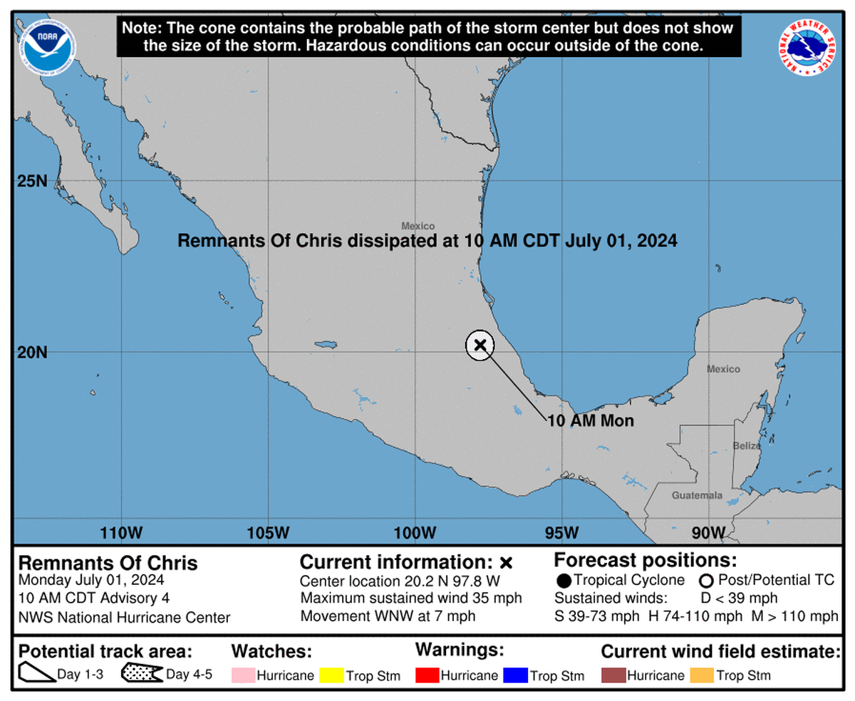 La tormenta Chris se deblitó rápidamente sobre tierra en el este de México el 1 de julio de 2024 y se disipó.
