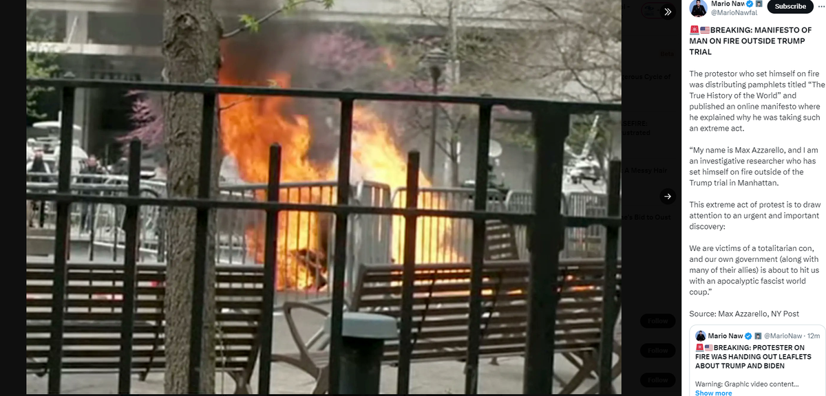 Un hombre se prendió fuego a sí mismo este viernes frente a la corte de Nueva York donde Donald Trump está siendo juzgado, por razones que todavía se desconocen, según la policía local.