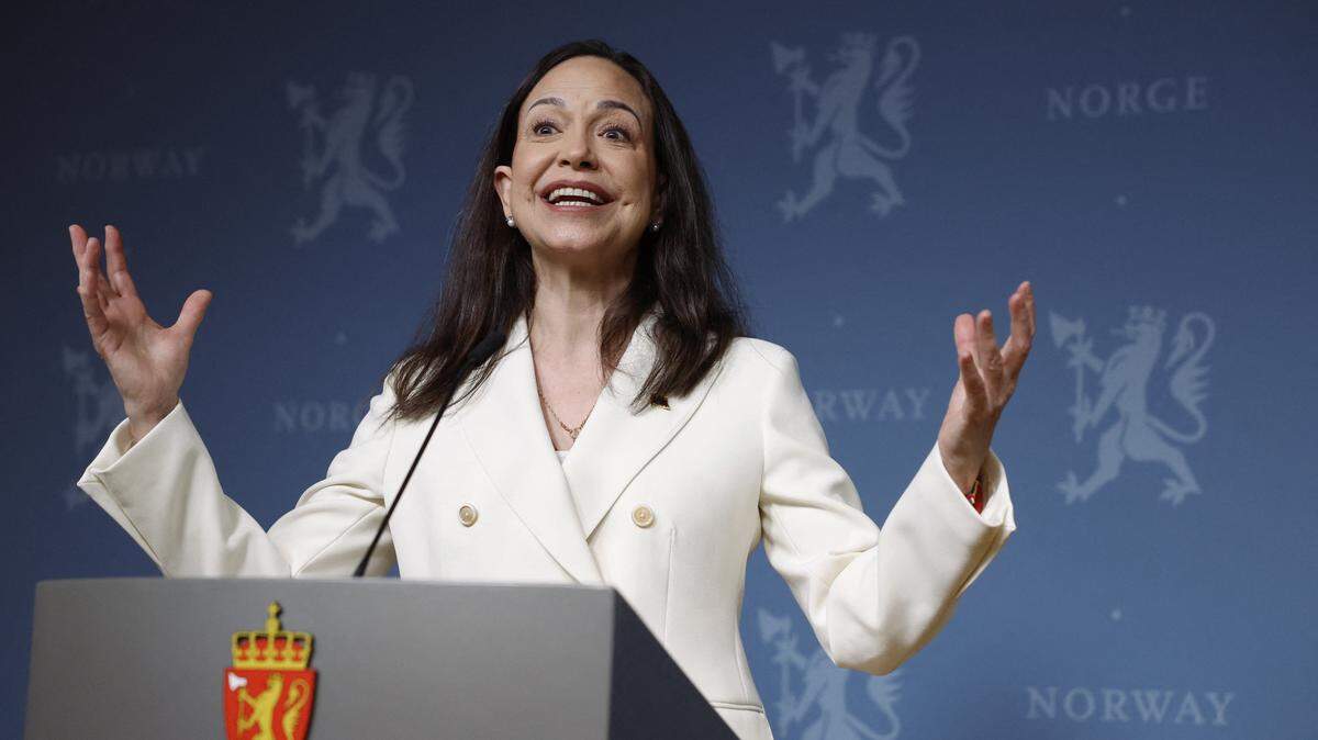 Nobel Peace Prize winner Maria Corina Machado addresses a press conference on December 11, 2025 at the Norwegian government's representative facilities in Oslo. Machado arrived in the Norwegian capital hours after the Venezuelan opposition leader's award was collected on her behalf by her daughter. (Photo by Odd ANDERSEN / AFP via Getty Images)