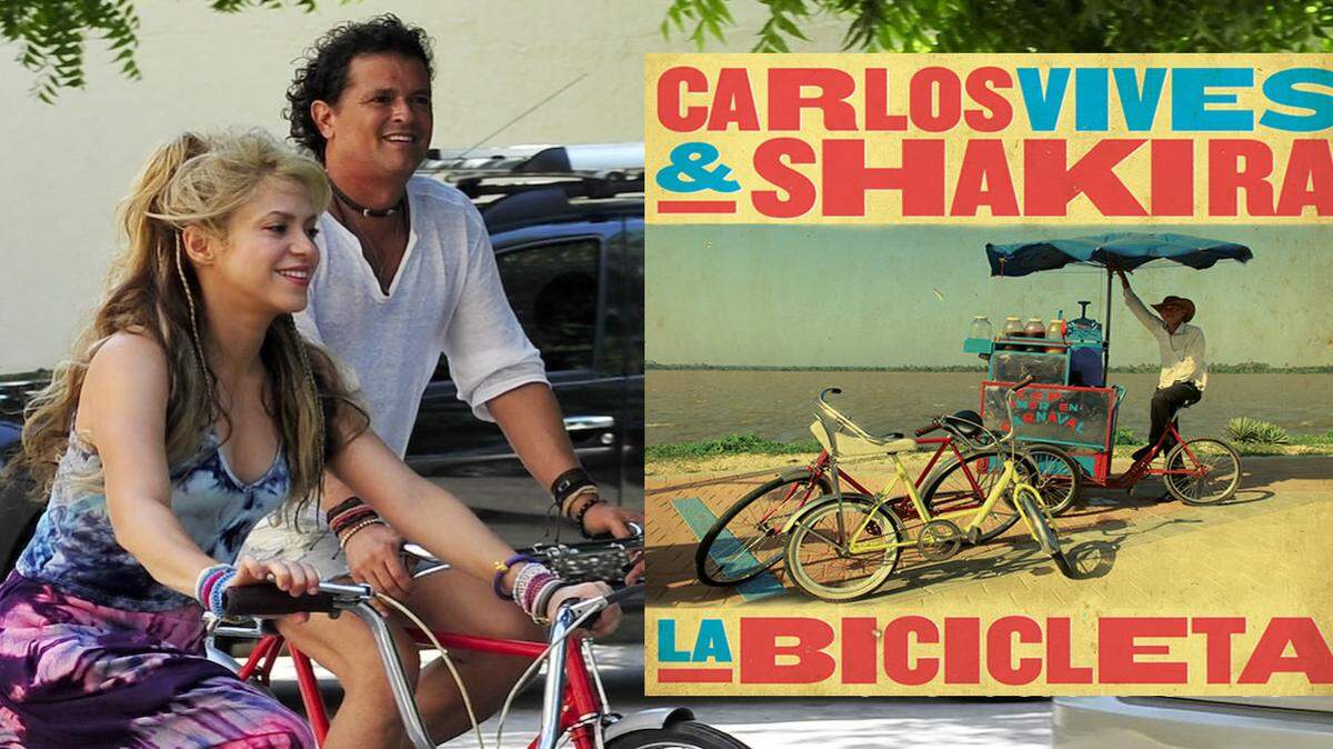 Shakira y Carlos vives durante la filmación del video musical de la canción "La Bicicleta", en Barranquilla, Colombia. 