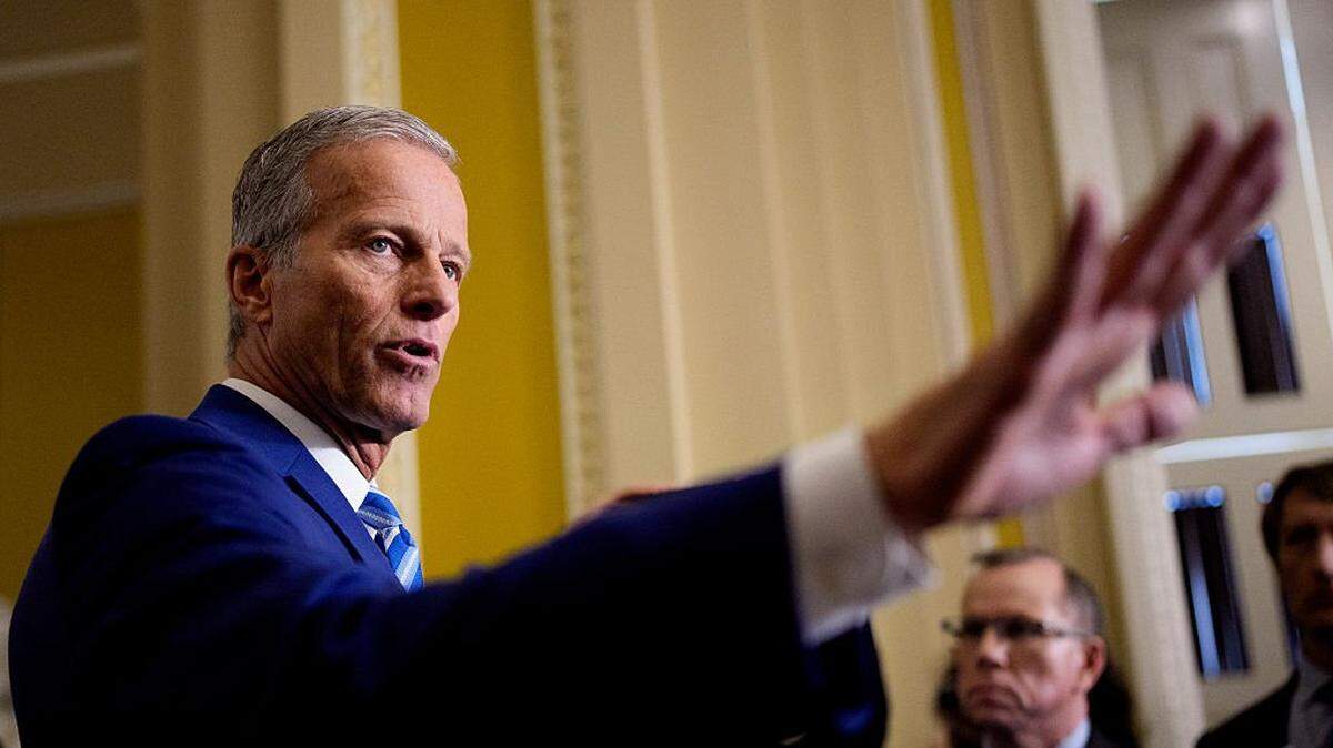 WASHINGTON, DC - OCTOBER 15: Senate Majority Leader John Thune (R-SD) speaks to reporters following a Republican policy luncheon at the U.S. Capitol Building on October 15, 2025 in Washington, DC. The government remains shut down after Congress failed to reach a funding deal 15 days ago. (Photo by Andrew Harnik/Getty Images)