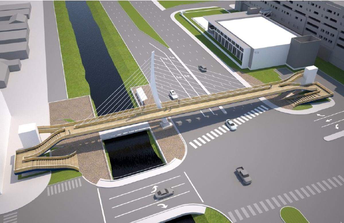 FIU había pensado originalmente en un diseño más tradicional para su puente peatonal, como éste de una conceptualización de principios del proyecto. Pero la construcción de un puente así habría interrumpido el tráfico en la concurrida Tamiami Trail mucho más que el diseño que a final de cuentas se usó.