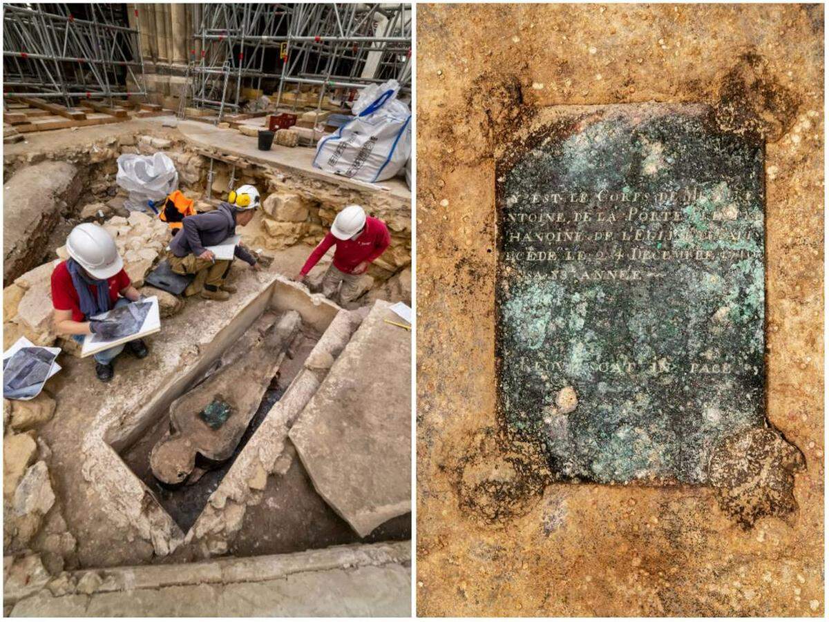 Izquierda: El sarcófago de Antoine De La Porte en la Catedral de Nore Dame. Derecha: Primer plano de la placa en el sarcófago de De La Porte. Fotos del Instituto Nacional de Investigación Arqueológica Preventiva de Francia (INRAP)