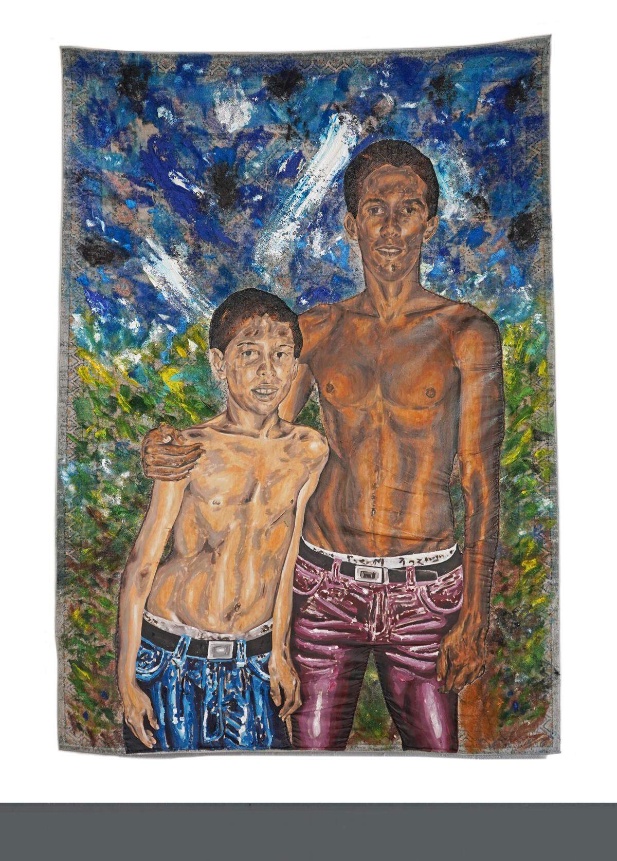 “Dos hermanos en la víspera” (Two Brothers on the Eve), 2023, óleo sobre lienzo cosido a mano sobre una alfombra, 115 x 79 pulgadas.