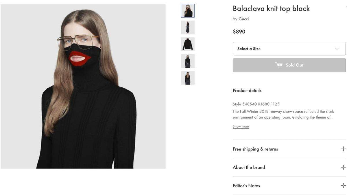 Captura de pantalla de la tienda online de Gucci donde se ve el suéter cuello de tortuga negro que generó polémica en las redes sociales al ser tildado como racista y “blackface”.