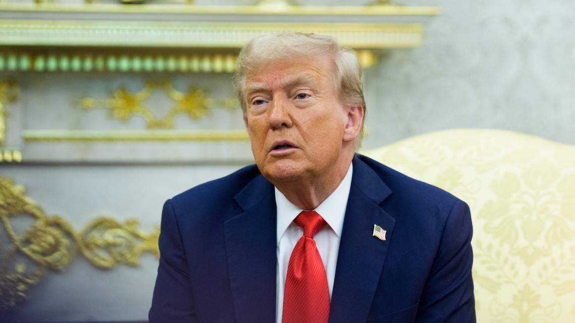 Donald Trump takes questions in the Oval Office on Wednesday during a meeting with the Polish president Karol Nawrocki.